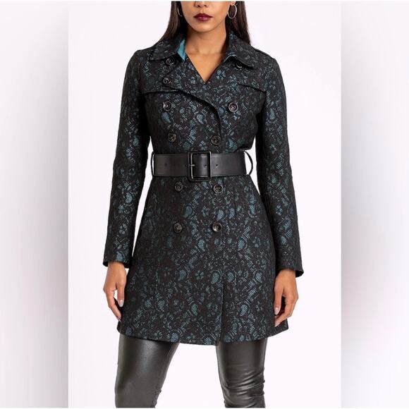 Blanc Noir Trench Coat Black lace over Teal base fully lined Large - Picture 1 of 11